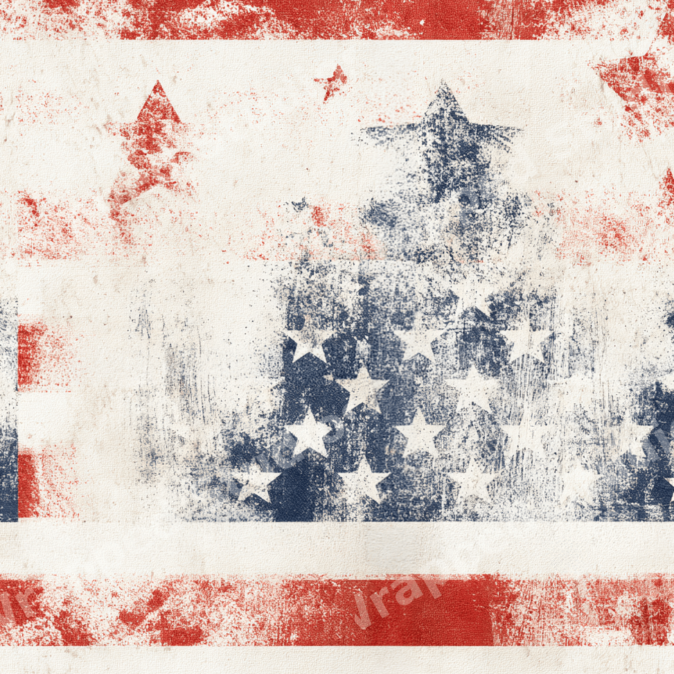 Grunge American flag pattern with distressed stars and stripes in rustic red, white, and blue.