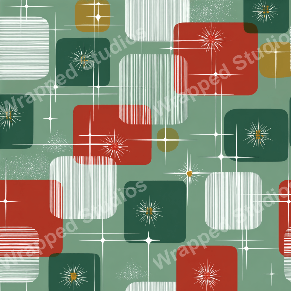 Retro geometric pattern with rounded squares, starbursts, and mid-century modern vibes.