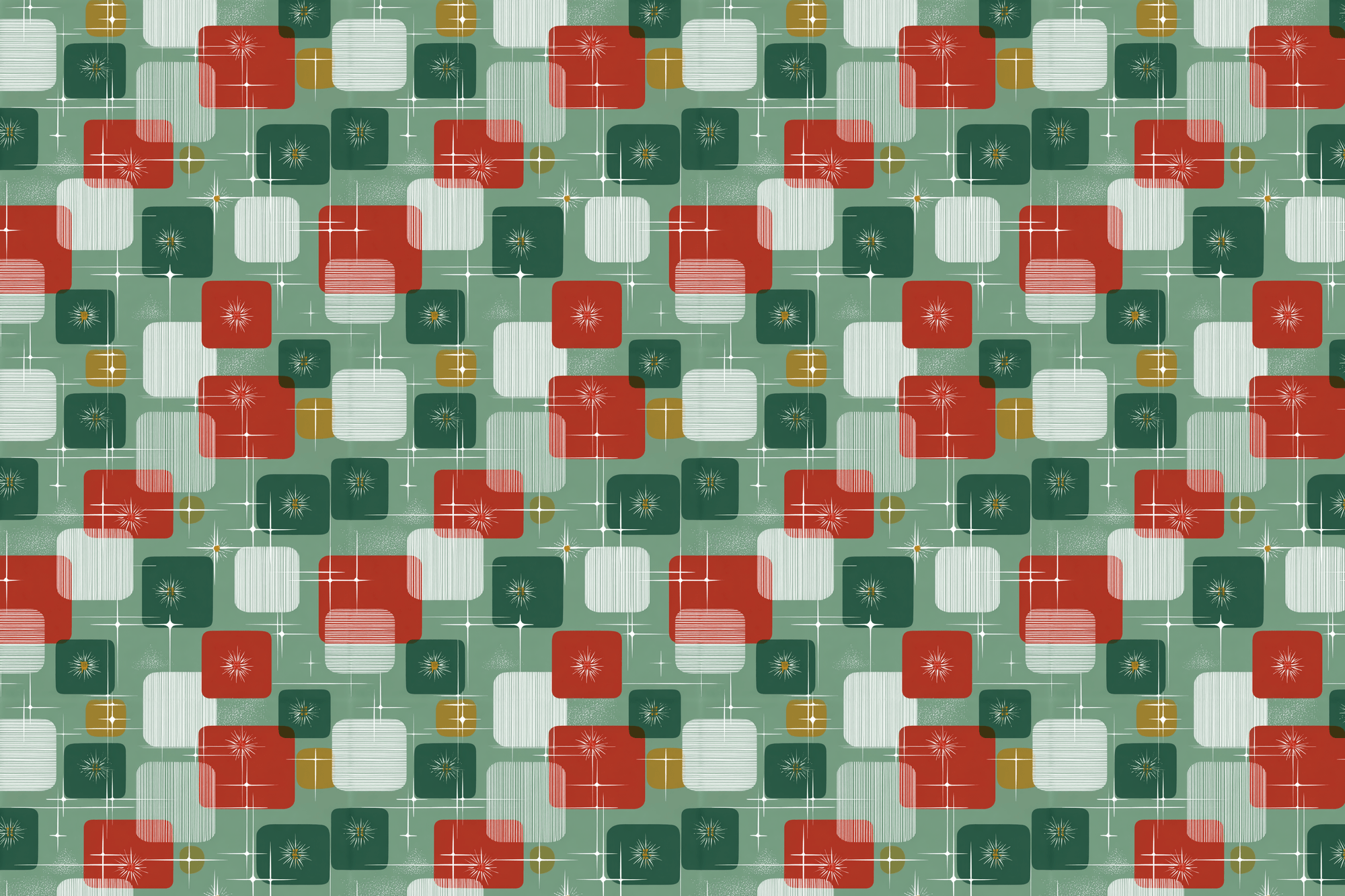 Mid century modern pattern of squares in red, green, and white on a green background. Wrapped Studios wrapping paper.