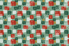 Retro atomic pattern with squares, starbursts, and mid-century modern design elements in red, green, white, and gold.