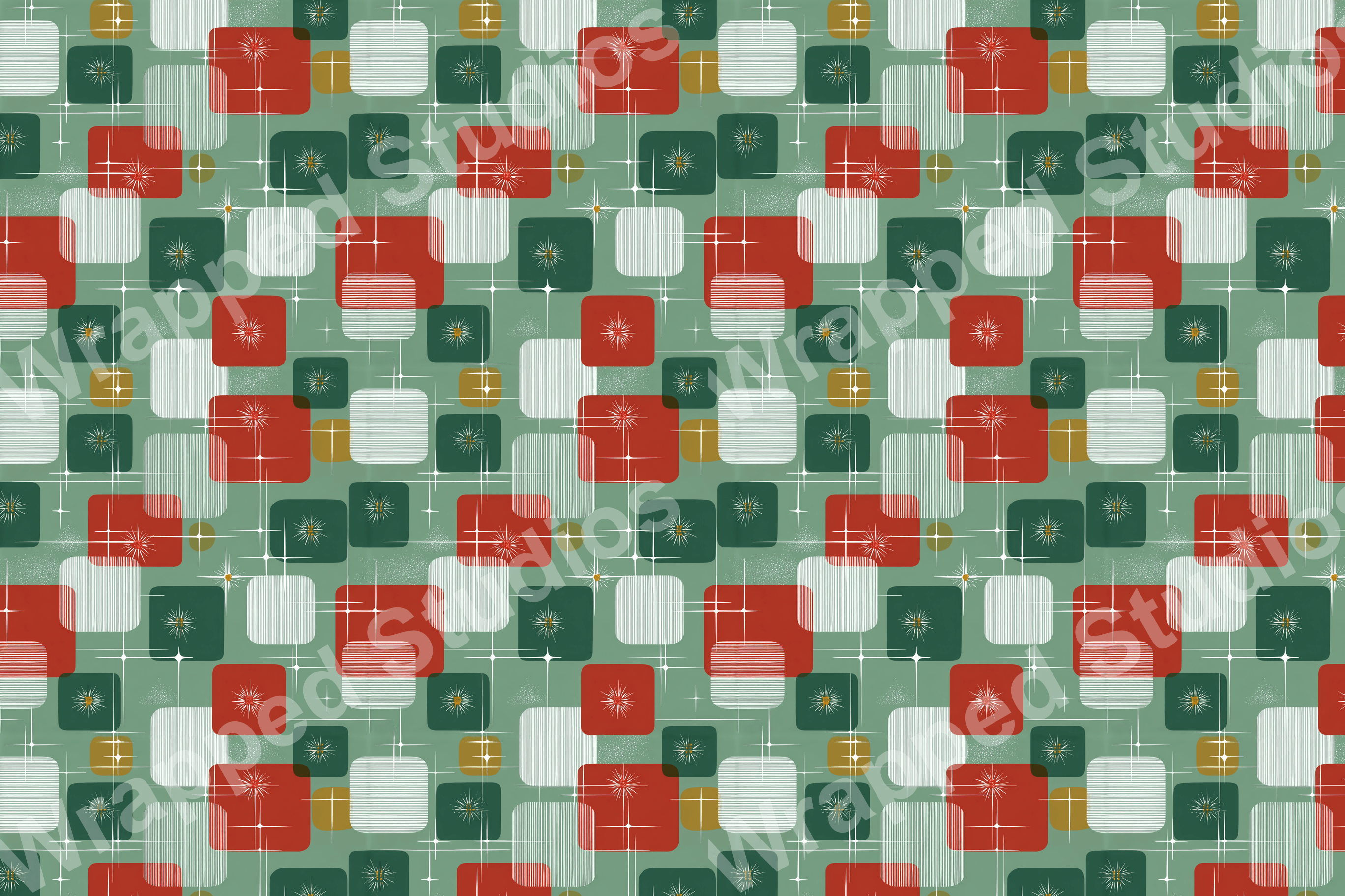 Retro atomic pattern with squares, starbursts, and mid-century modern design elements in red, green, white, and gold.