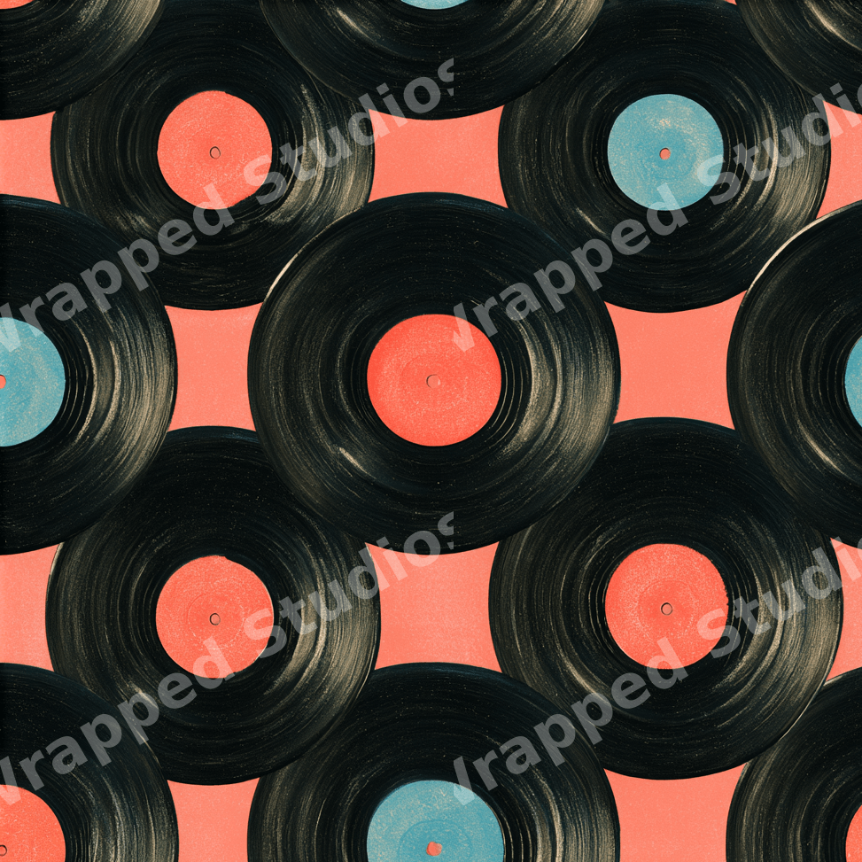 Retro vinyl record pattern featuring vintage black LPs with blue and red labels on a coral background.