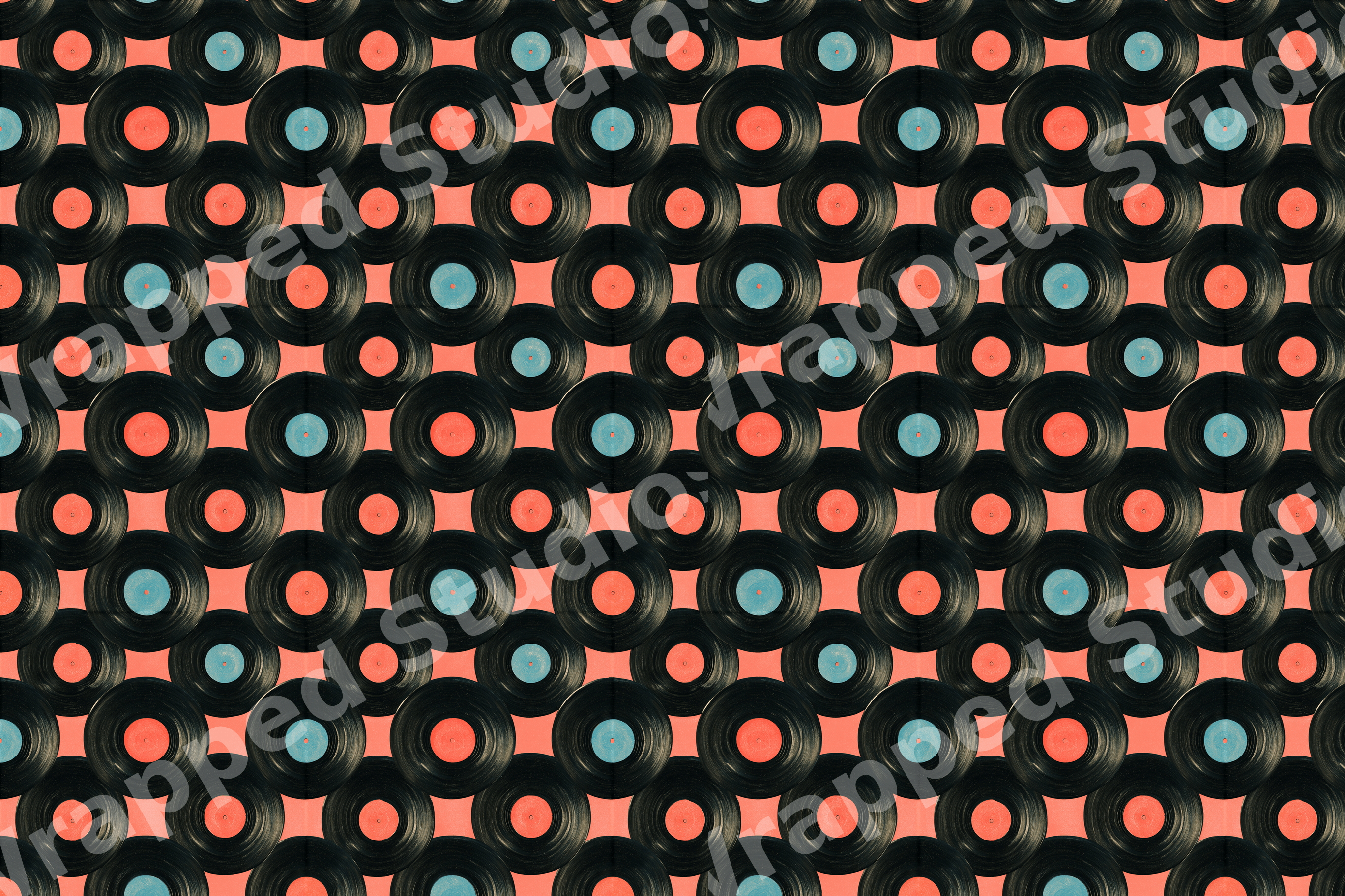 Retro vinyl record seamless pattern featuring black LPs with blue and coral labels on a pink background.