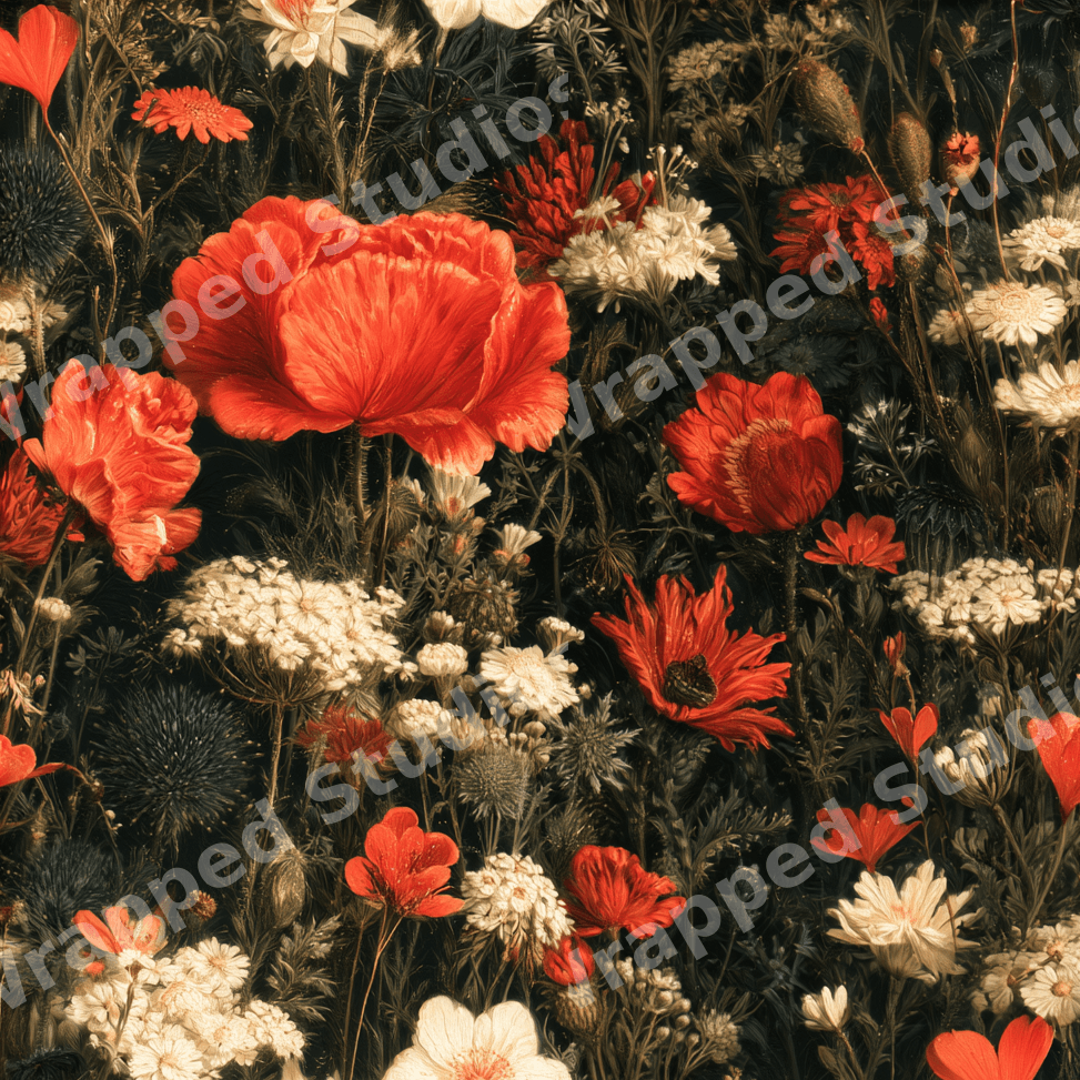 Moody vintage botanical floral pattern featuring red poppies and white wildflowers on a dark background.