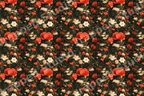Vintage botanical floral pattern featuring red poppies and white wildflowers on a dark background.