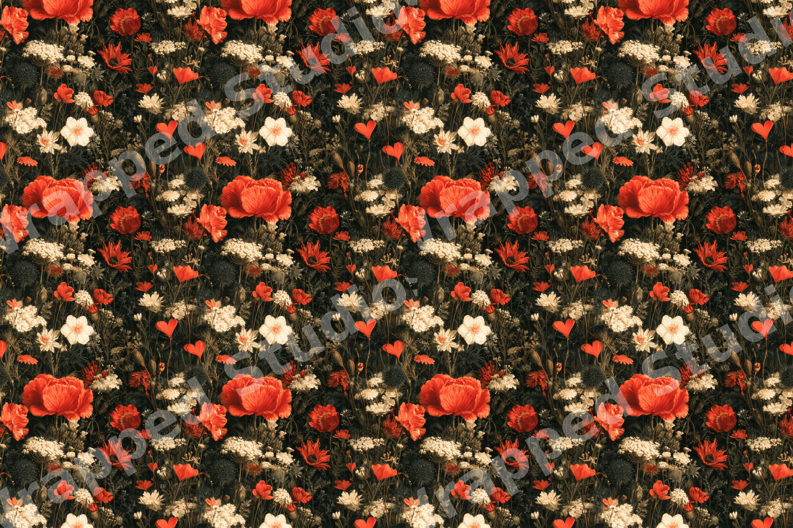 Vintage botanical floral pattern featuring red poppies and white wildflowers on a dark background.