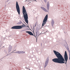 Seamless floral pattern with leaves and berries in shades of mauve, lavender, and white.