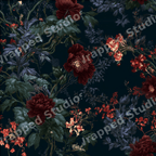 Dark moody floral pattern with deep red peonies and vintage botanical foliage.