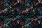 Moody floral pattern with a vintage botanical design of burgundy peonies and dark teal leaves on black.