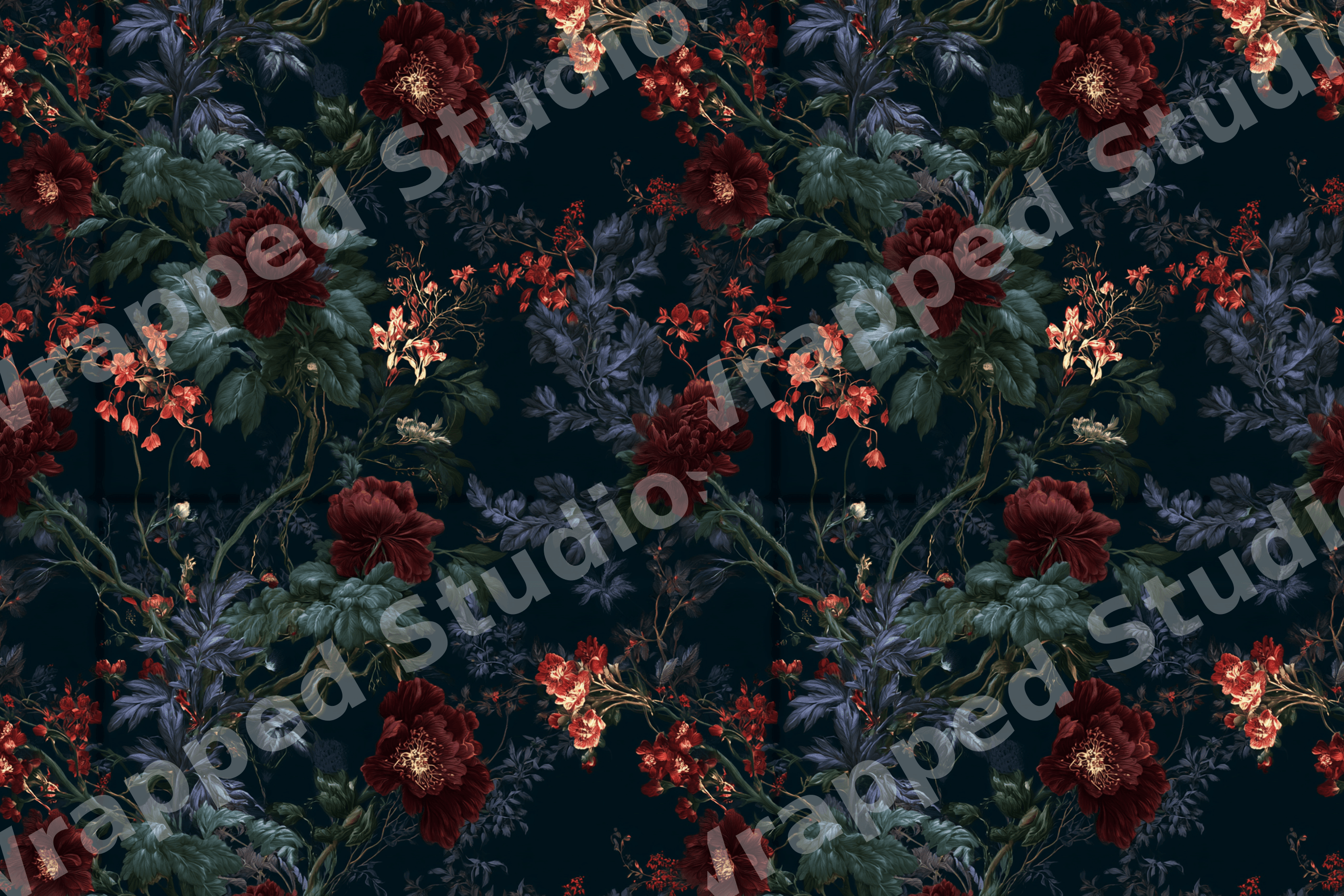 Moody floral pattern with a vintage botanical design of burgundy peonies and dark teal leaves on black.