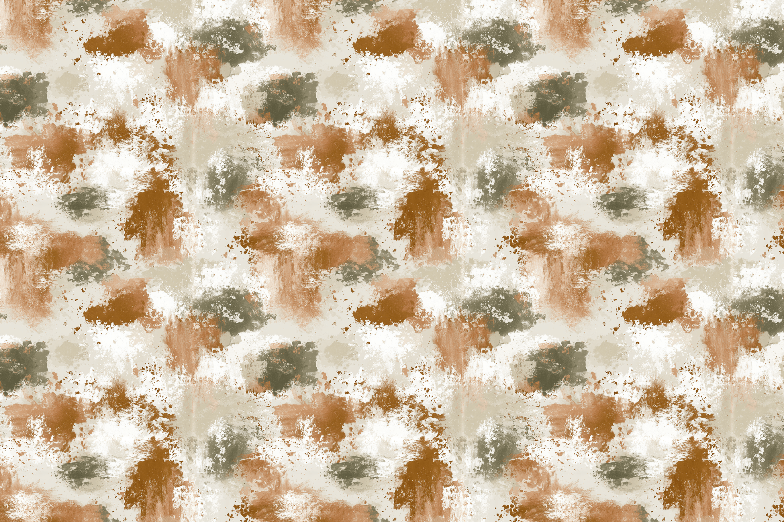Modern abstract pattern featuring textured brush strokes in earthy terracotta, sage green, and beige.