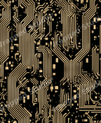 Seamless gold circuit board pattern with futuristic tech lines on a black background.