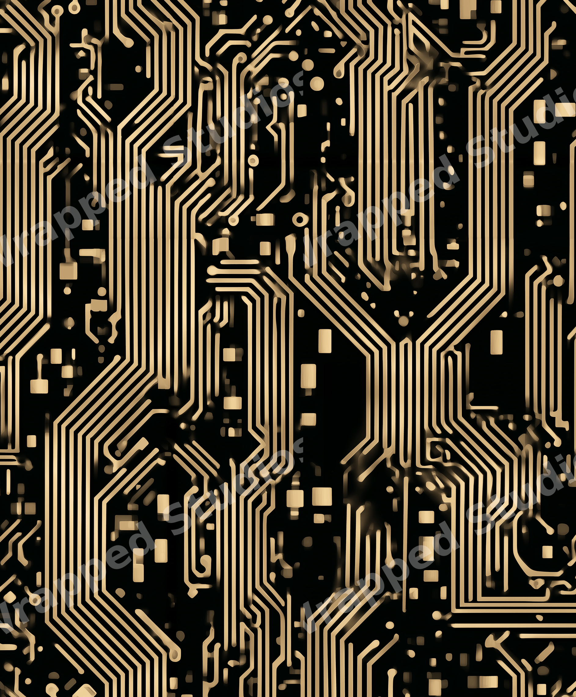 Seamless gold circuit board pattern with futuristic tech lines on a black background.