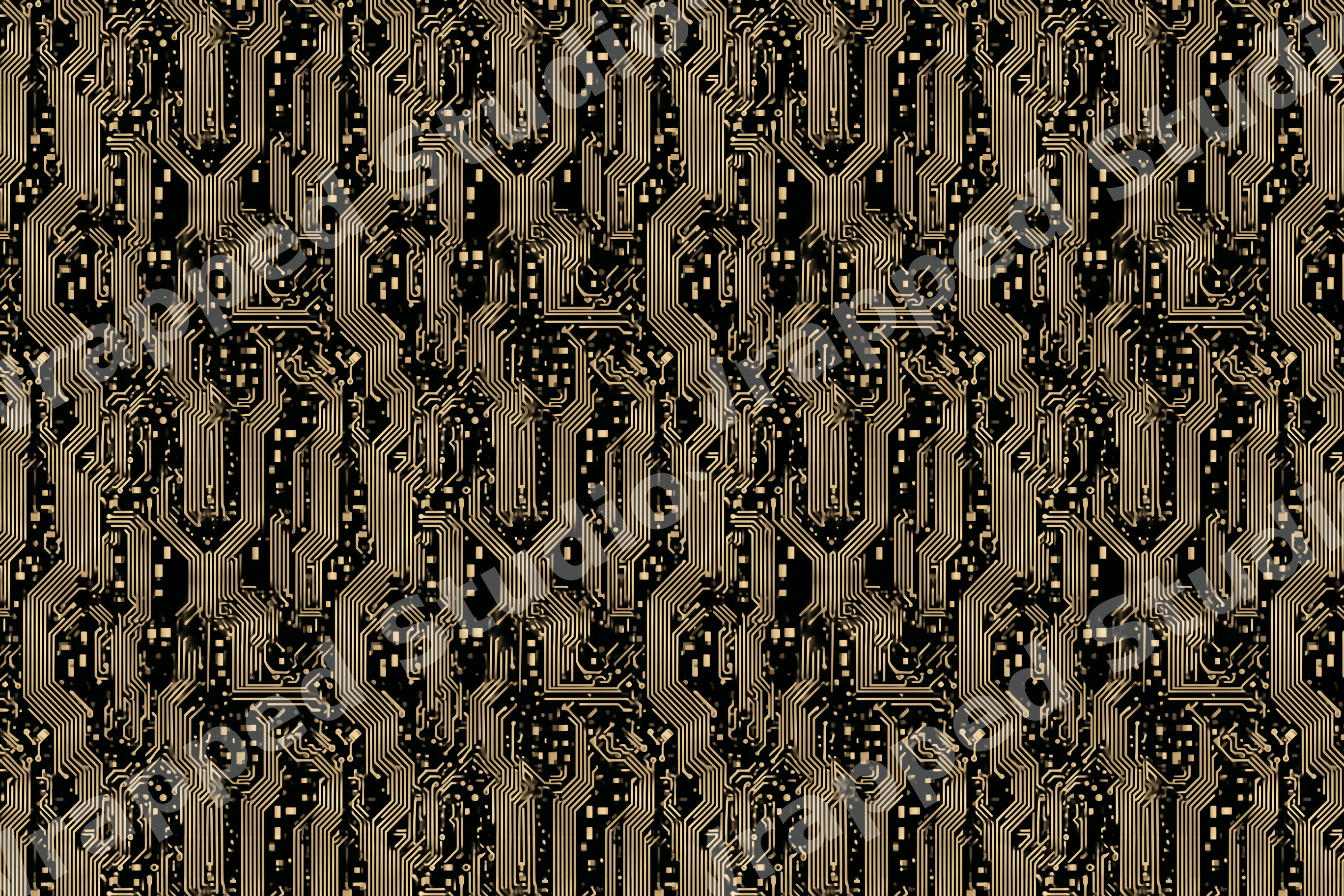 Seamless gold circuit board pattern with intricate digital technology lines on a black background.