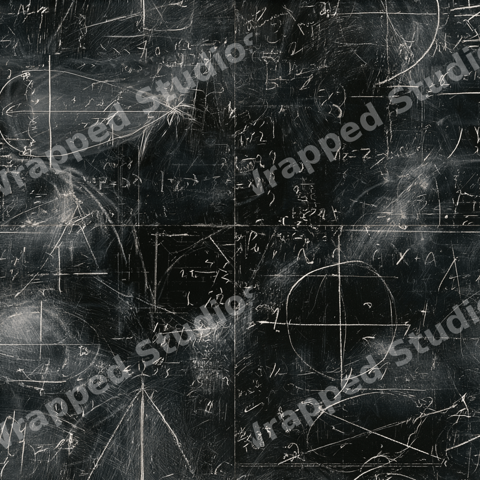 Seamless chalkboard math pattern featuring white chalk formulas, geometry diagrams, and equations.