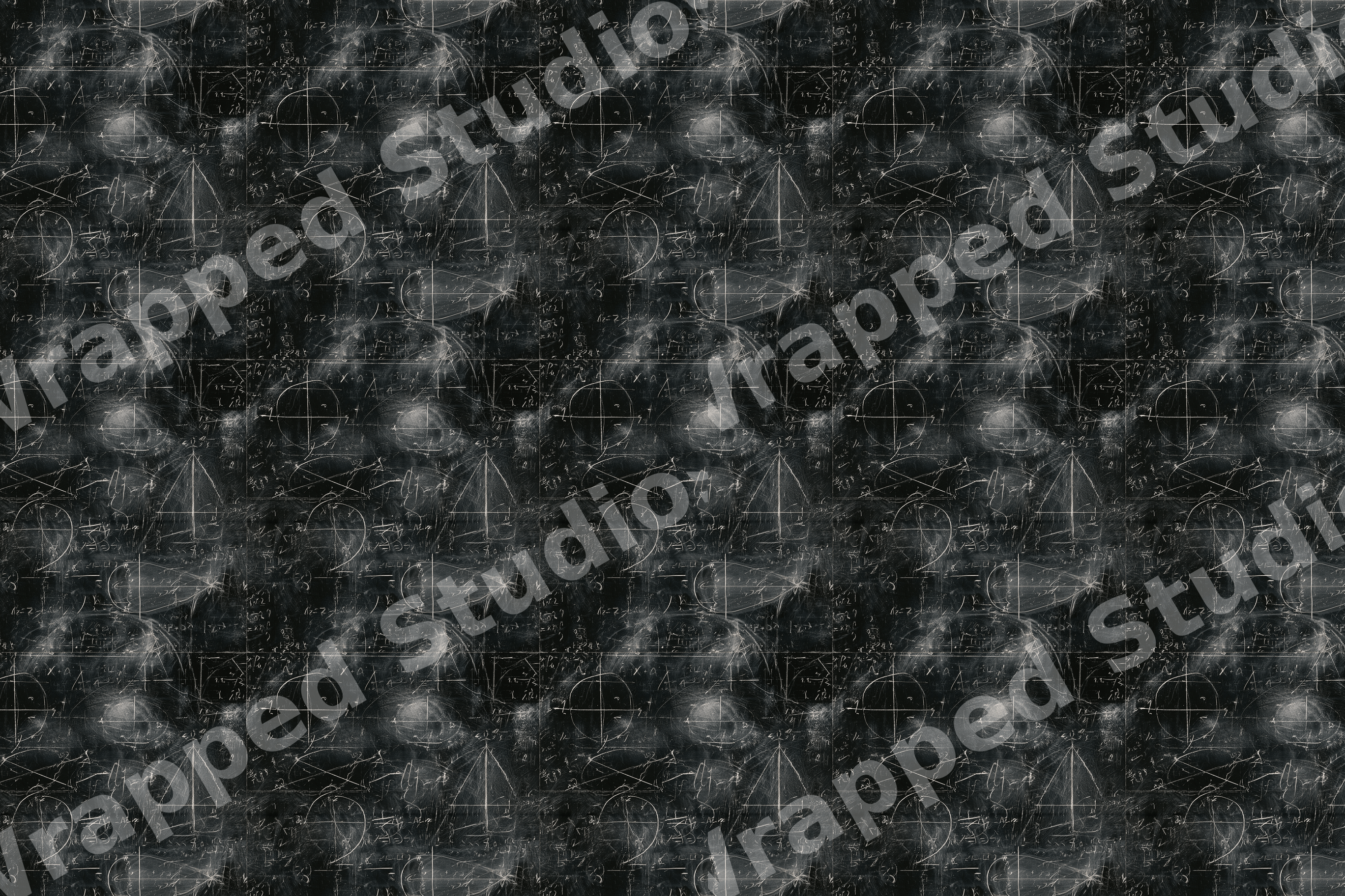 Vintage chalkboard pattern featuring white chalk math equations and scientific diagrams on black.
