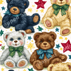 Cute vintage teddy bear pattern with colorful stars and illustrated plush bears.
