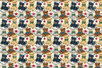 Whimsical vintage teddy bear pattern with colorful plush bears in bow ties and small scattered stars.
