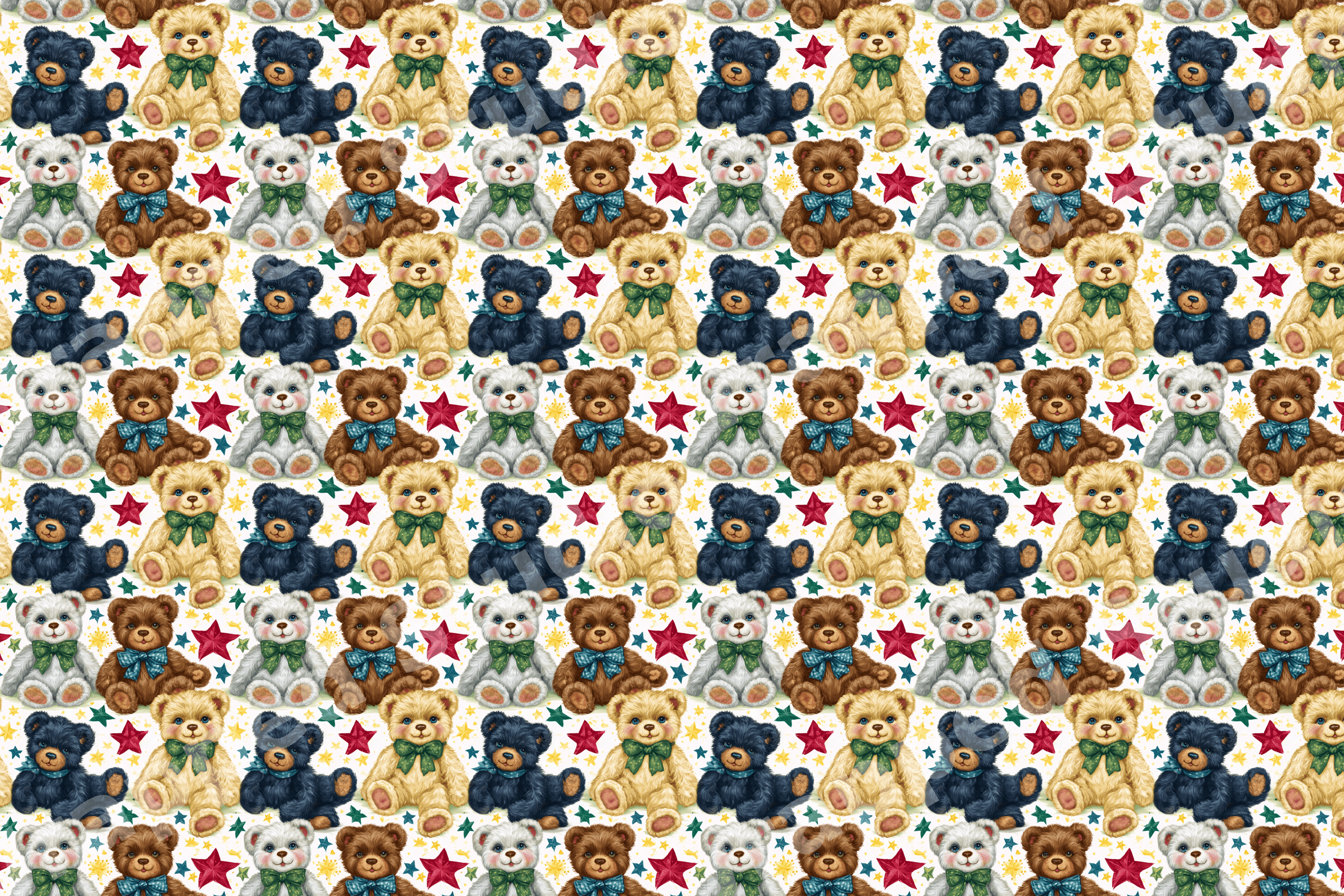 Whimsical vintage teddy bear pattern with colorful plush bears in bow ties and small scattered stars.