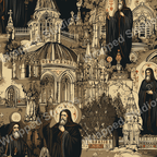 Ornate historical pattern featuring illustrated monks and architectural elements in beige and black.