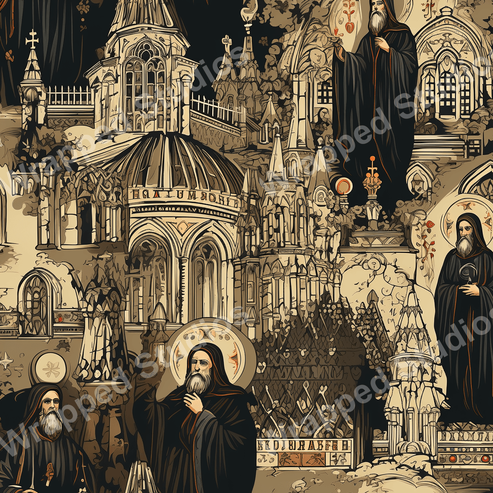 Ornate historical pattern featuring illustrated monks and architectural elements in beige and black.