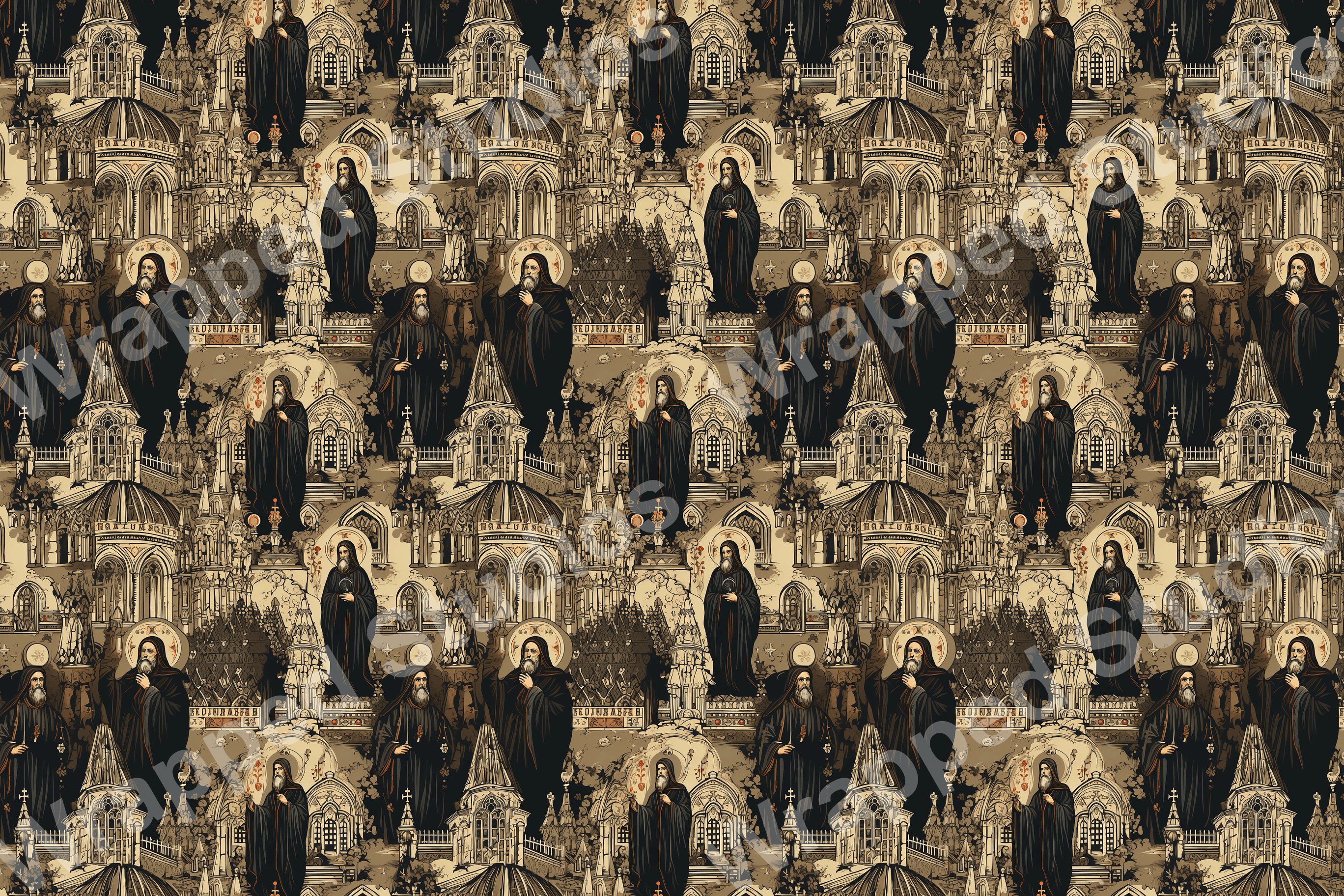 Intricate vintage pattern with religious figures and architectural illustrations in shades of sepia and black.