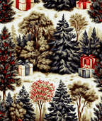 Vintage winter forest pattern featuring rustic pine trees and red berry botanical illustrations on cream.