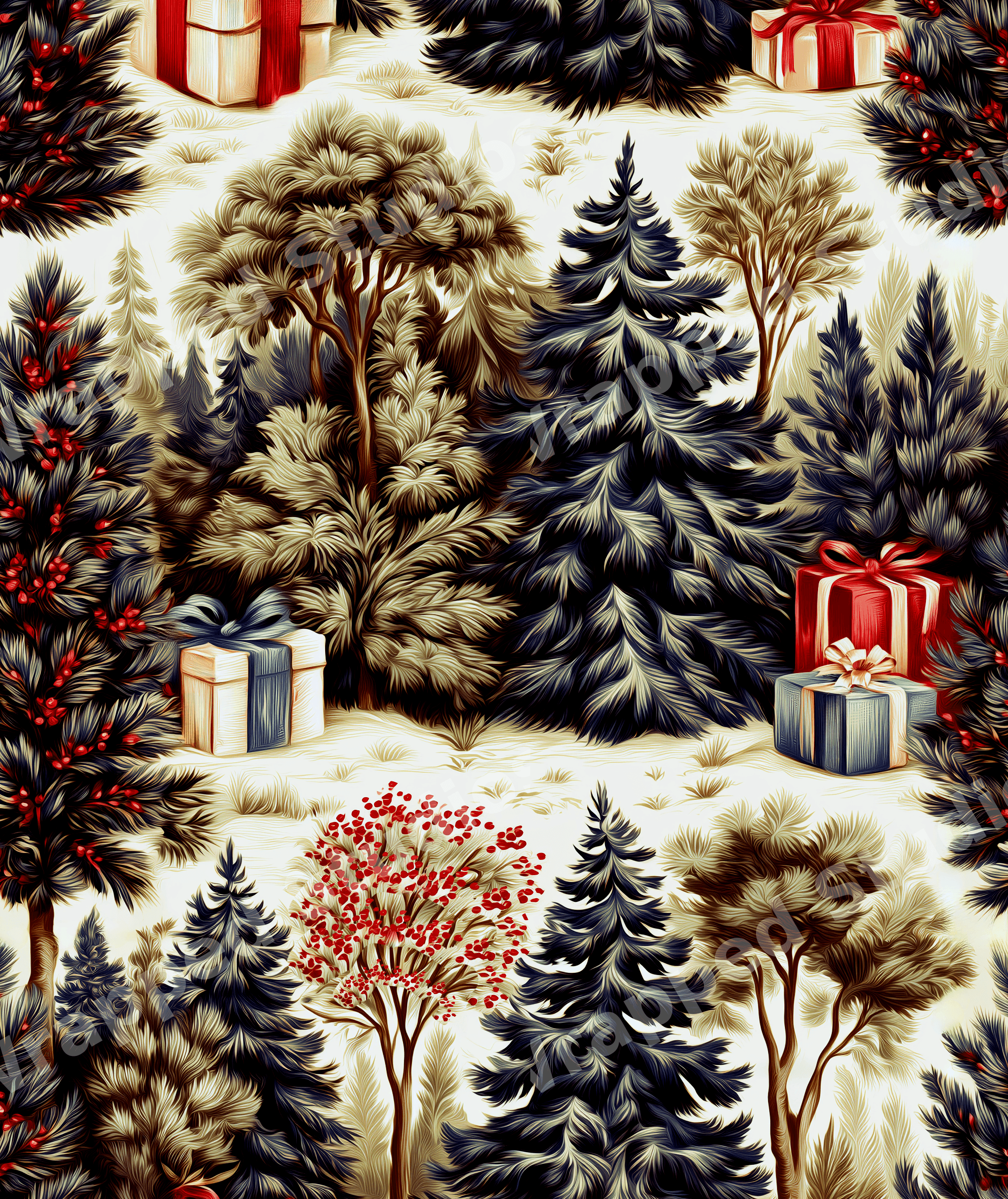 Vintage winter forest pattern featuring rustic pine trees and red berry botanical illustrations on cream.