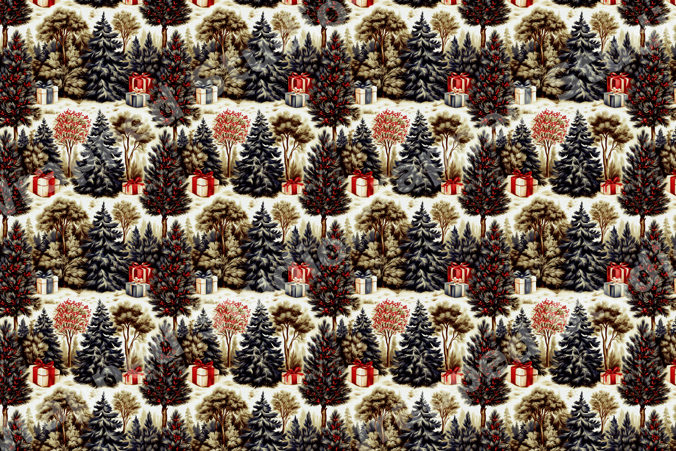 Vintage winter forest pattern featuring evergreen pine trees and red berries in a rustic woodland design.