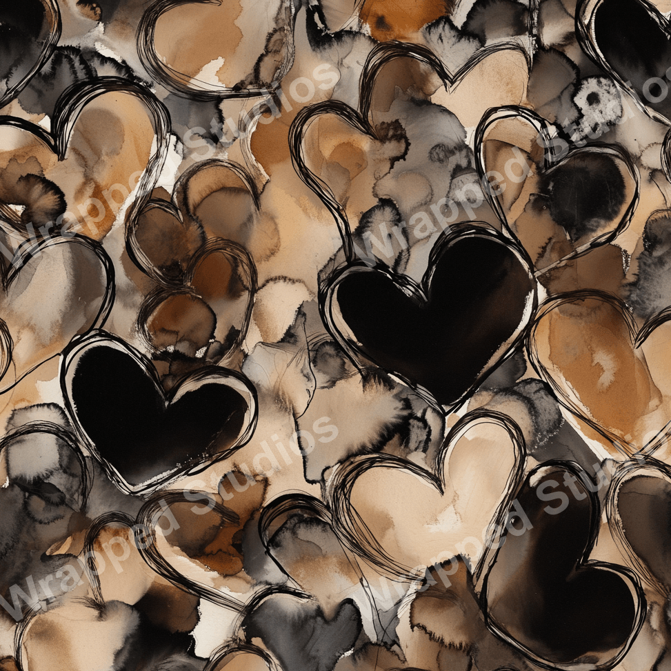 Romantic hearts pattern with watercolor fill in shades of tan, brown, and black.