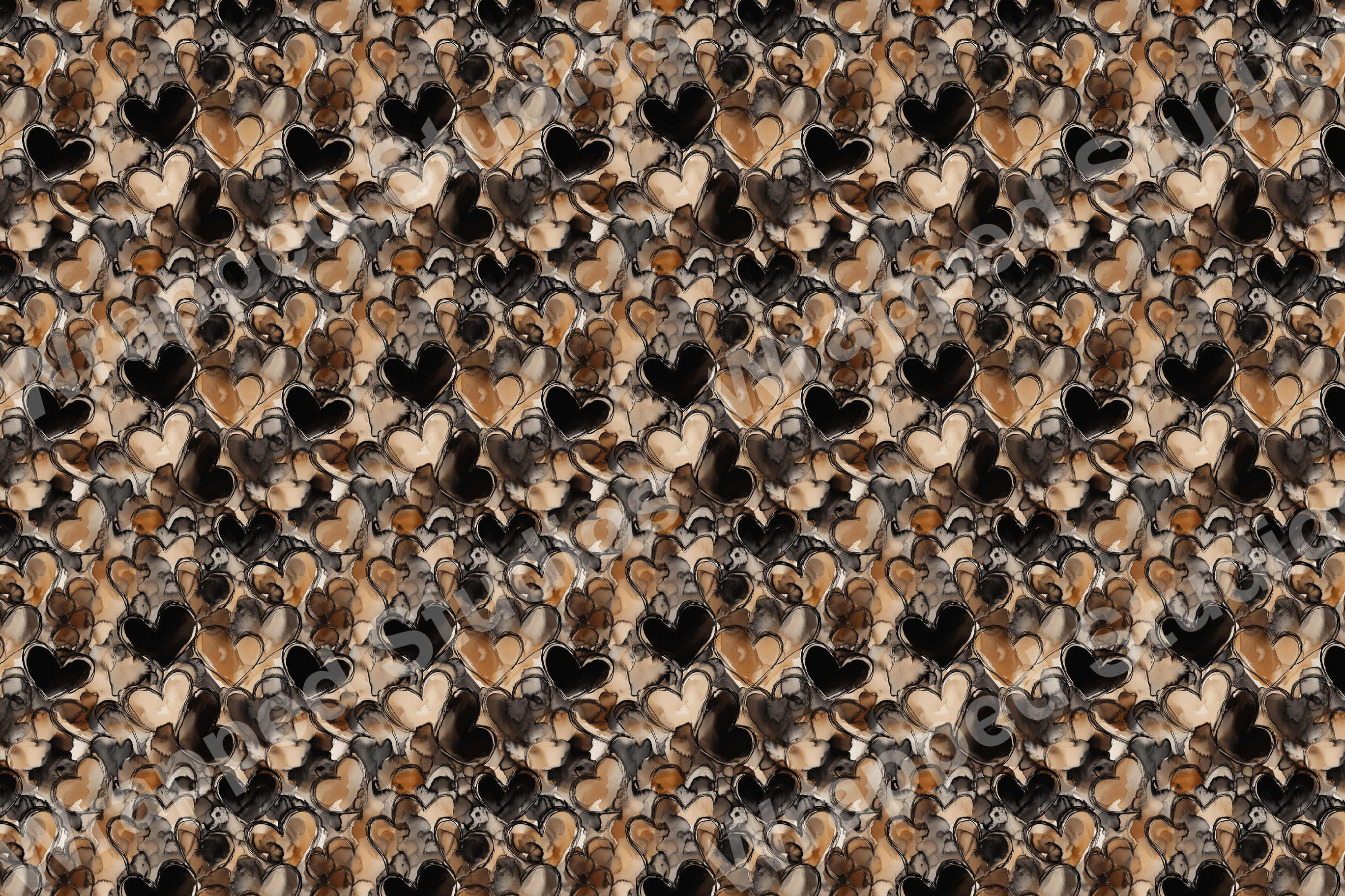 Abstract heart pattern with black, tan, and gray watercolor textures.