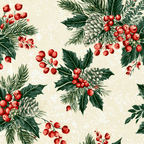 Vintage winter floral pattern with holly, pine cones, and red berries on a textured cream background.