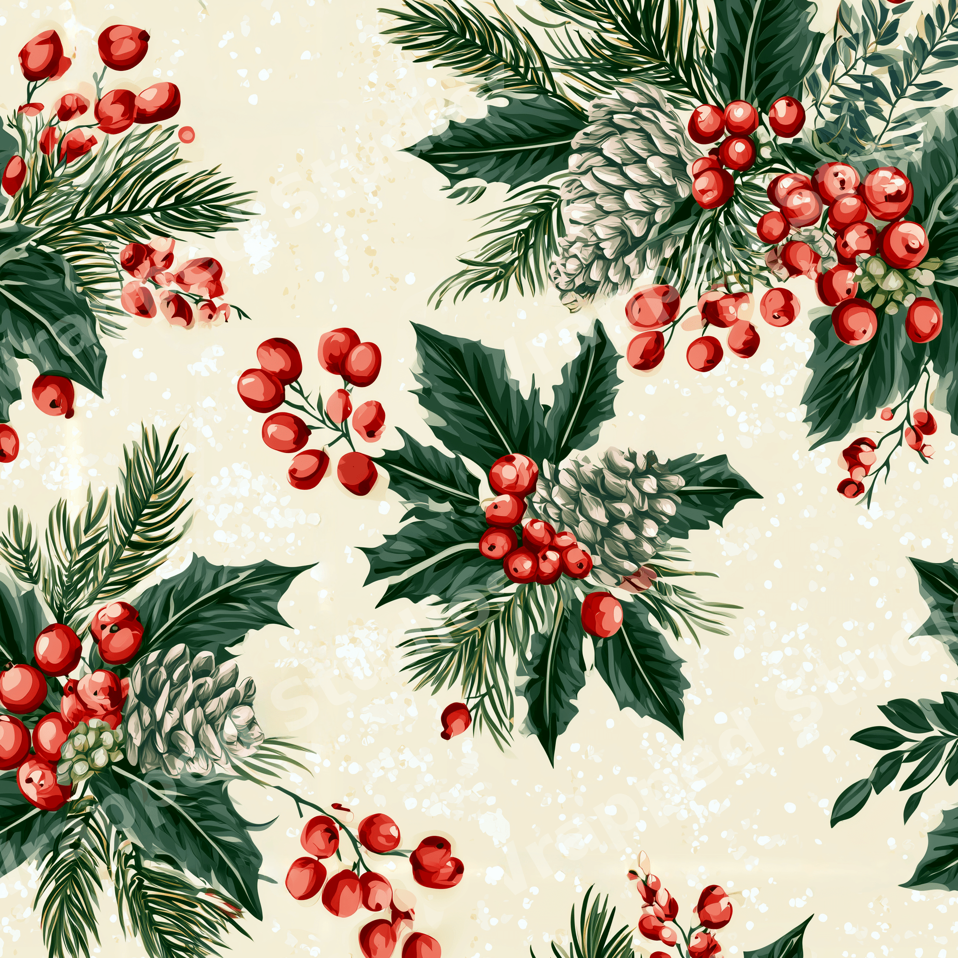 Vintage winter floral pattern with holly, pine cones, and red berries on a textured cream background.