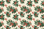 Vintage holiday botanical pattern with red berries, green holly, and pine needles on a cream background.