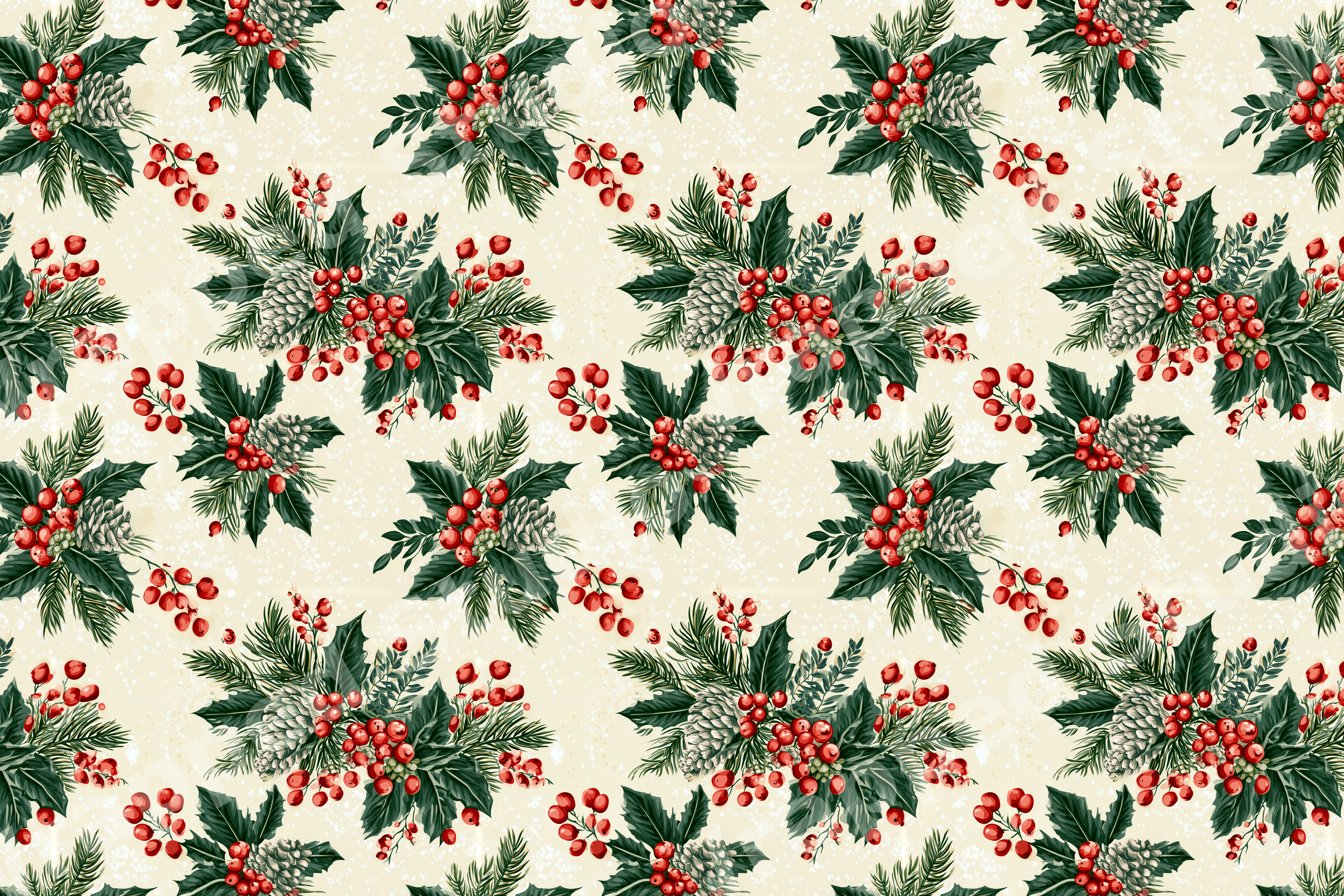 Vintage holiday botanical pattern with red berries, green holly, and pine needles on a cream background.