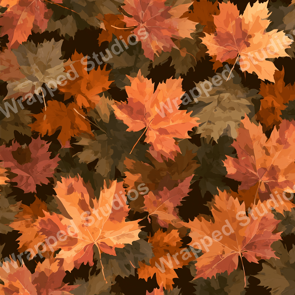 Autumn leaf pattern design with orange and brown foliage on a dark background.