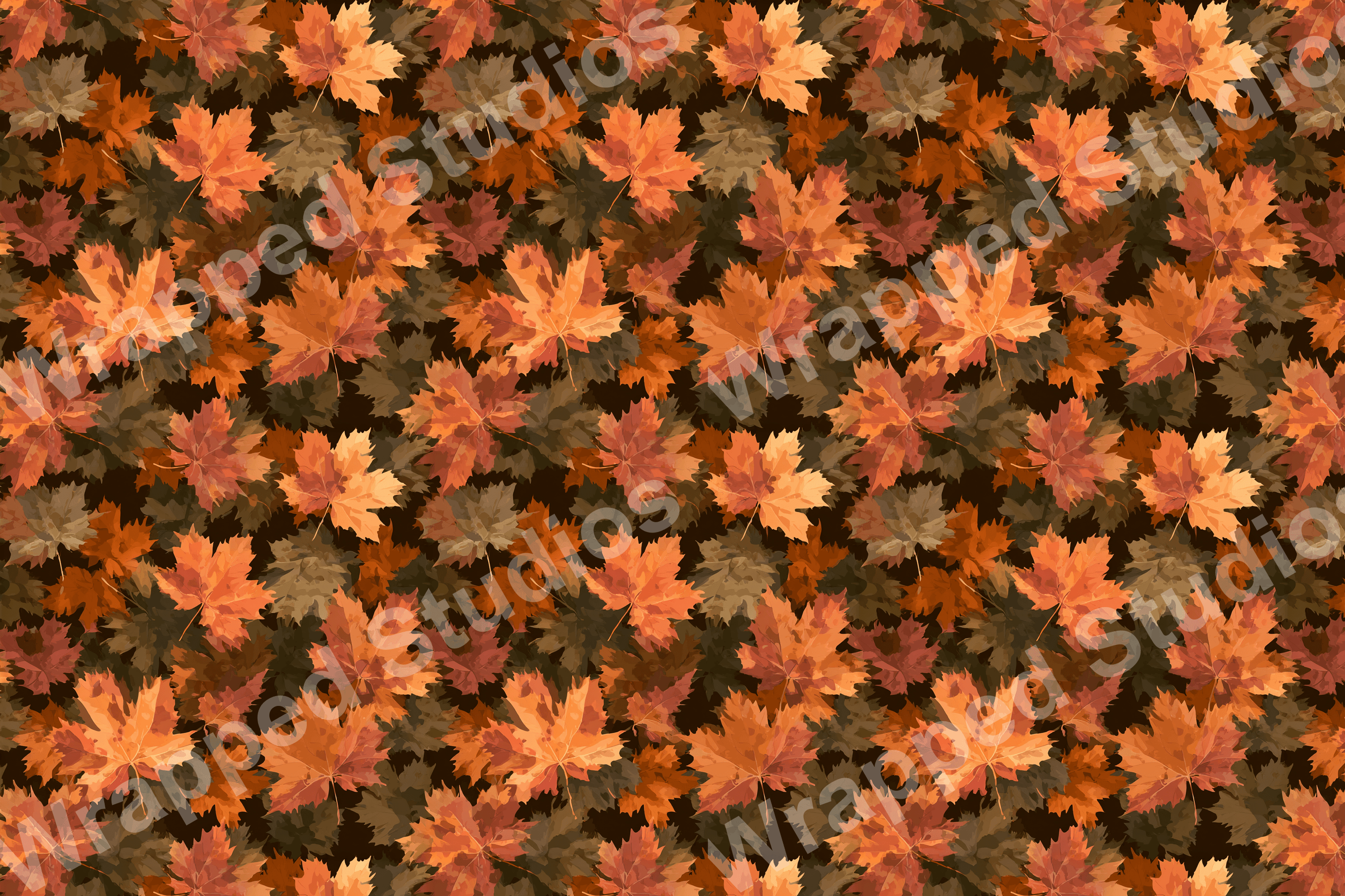 Autumn leaf pattern with maple leaves in shades of brown, orange, and olive green.