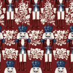 Vintage watercolor nutcracker and botanical floral pattern on deep red.
