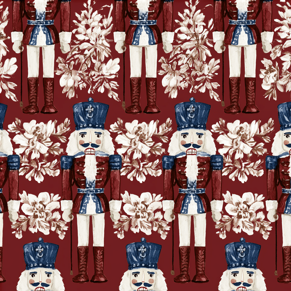 Vintage watercolor nutcracker and botanical floral pattern on deep red.