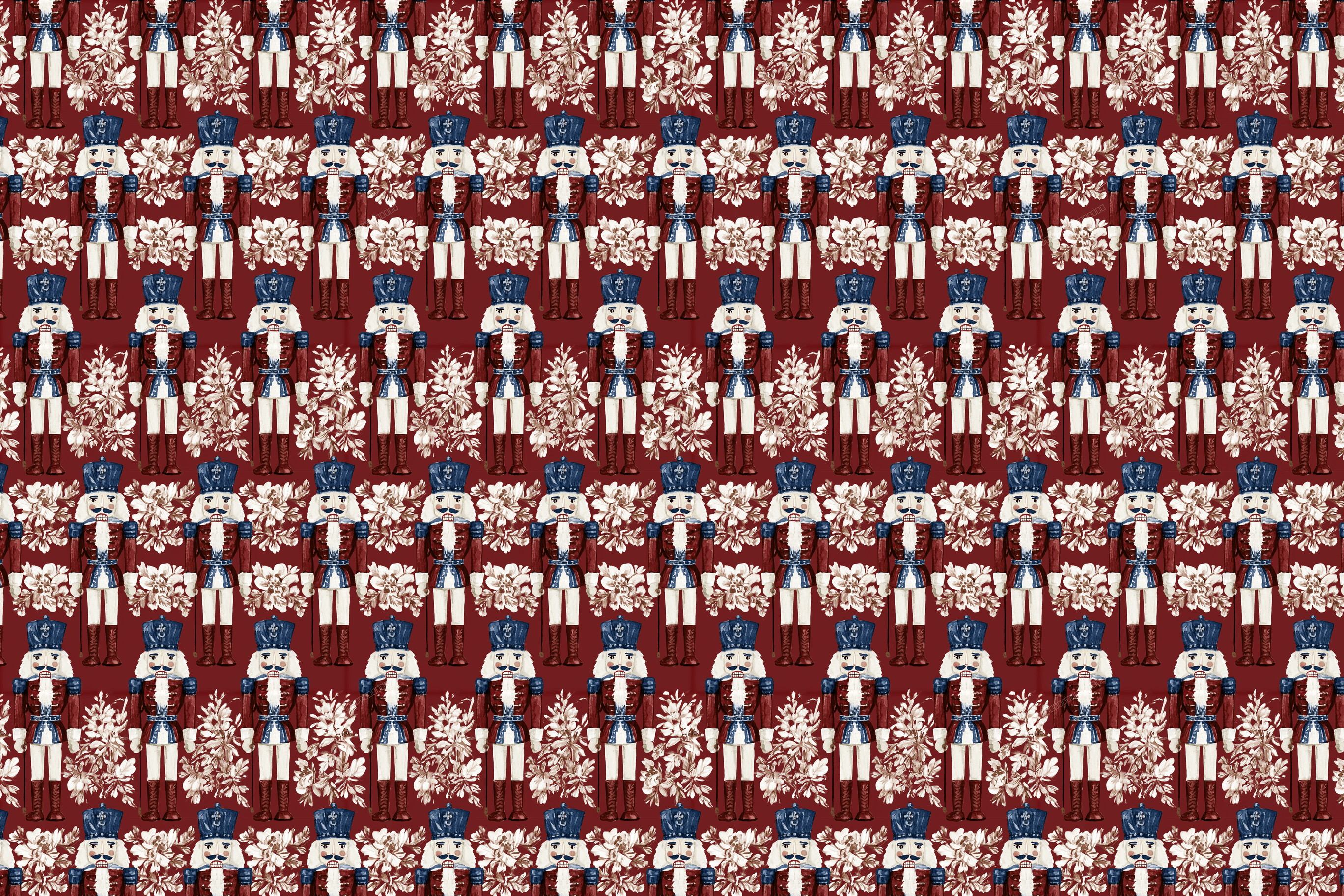 Vintage Christmas nutcracker pattern with beige botanical florals on a deep red background.