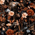 Moody dark floral pattern featuring vintage botanical wildflowers in terracotta, cream, and rust on black.