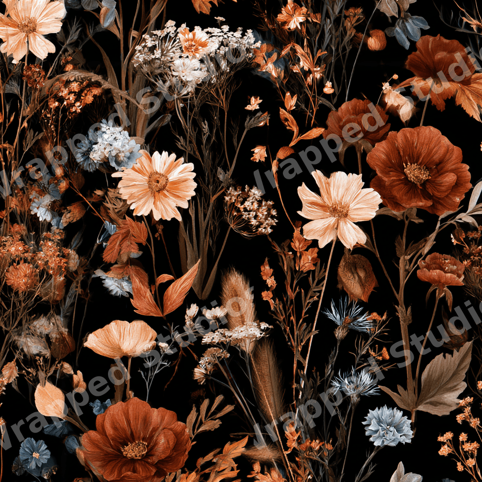 Moody dark floral pattern featuring vintage botanical wildflowers in terracotta, cream, and rust on black.