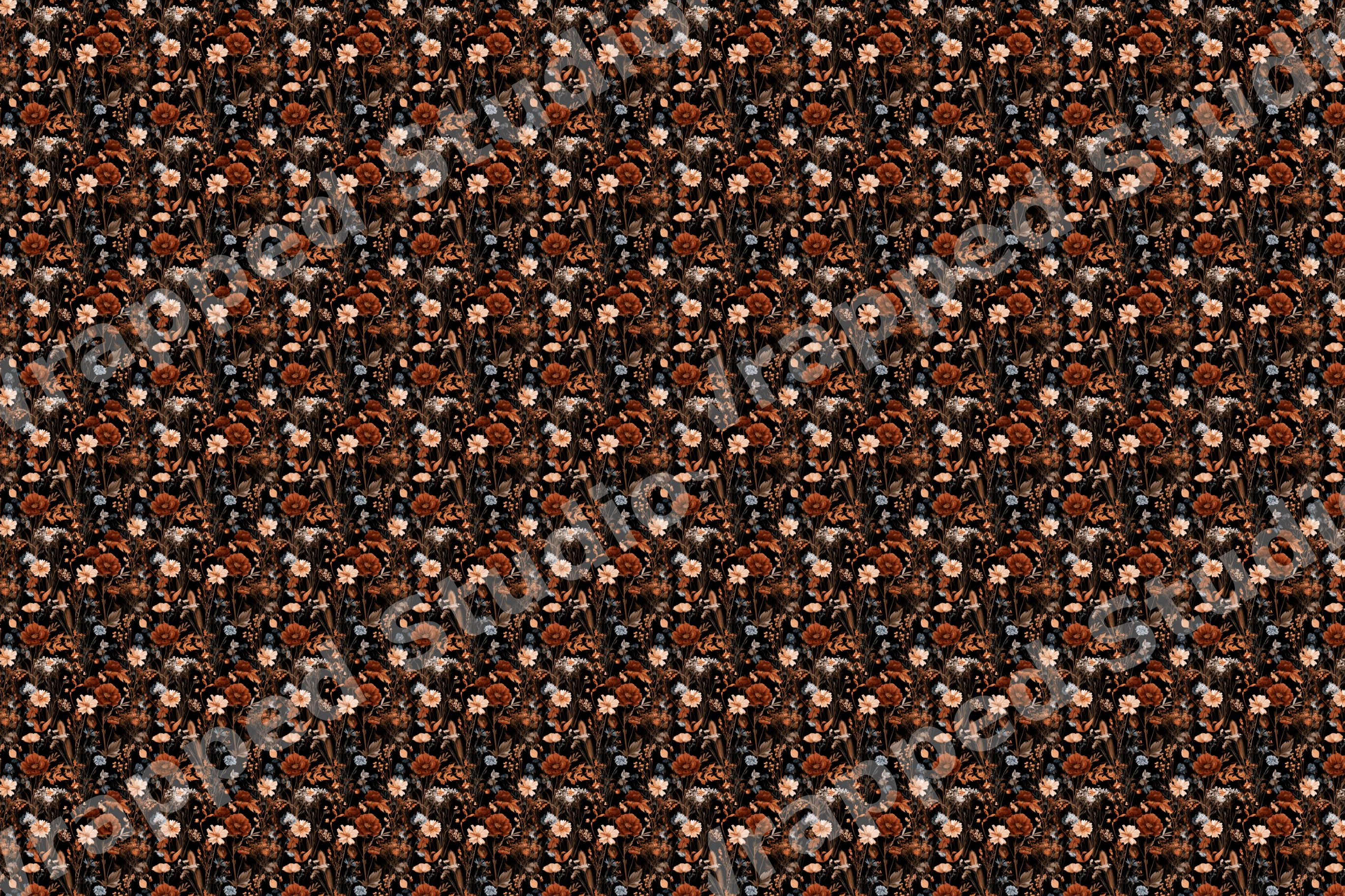 Moody dark floral pattern with rust orange and cream wildflowers in a seamless vintage botanical design.