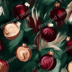Seamless festive pattern with red and gold Christmas ornaments on a brushstroke-style green background.