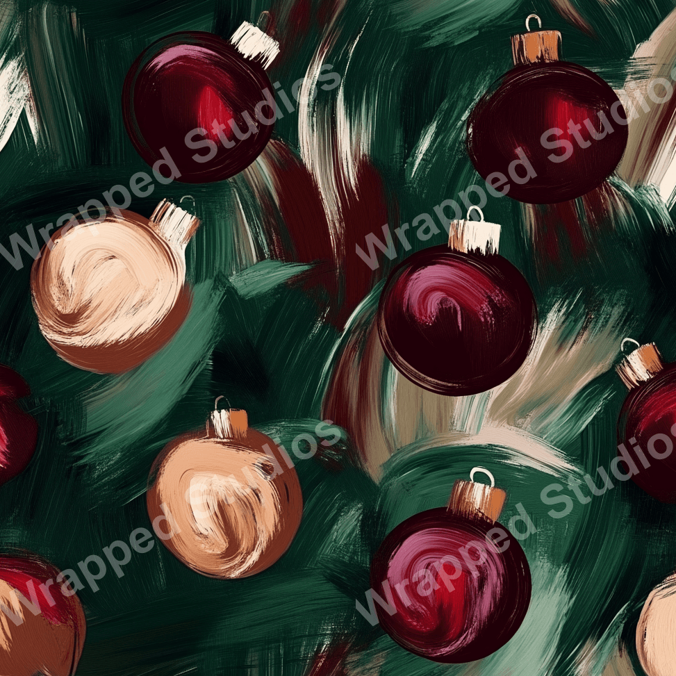 Seamless festive pattern with red and gold Christmas ornaments on a brushstroke-style green background.
