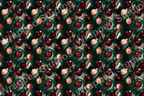Painterly Christmas ornament pattern in maroon and cream on a dark green textural background.