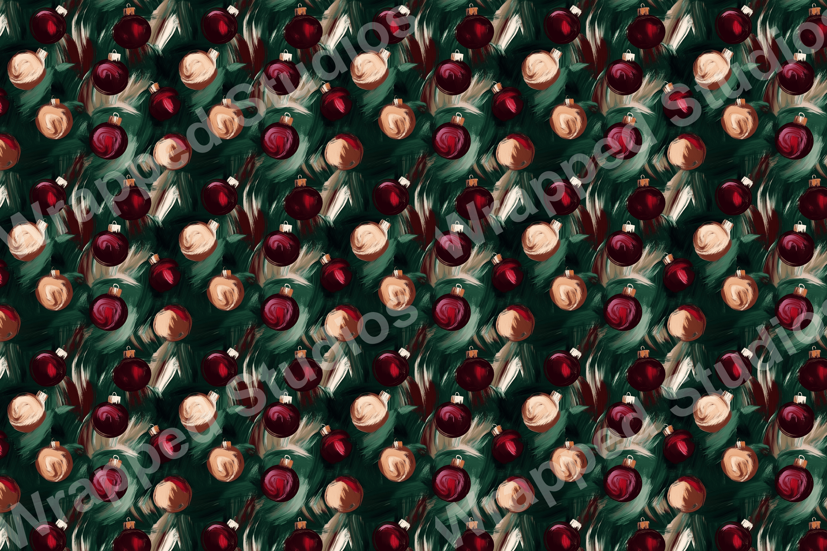 Painterly Christmas ornament pattern in maroon and cream on a dark green textural background.