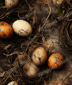 Earthy rustic pattern of natural bird nests, twigs, and speckled eggs in browns, rust, and cream.