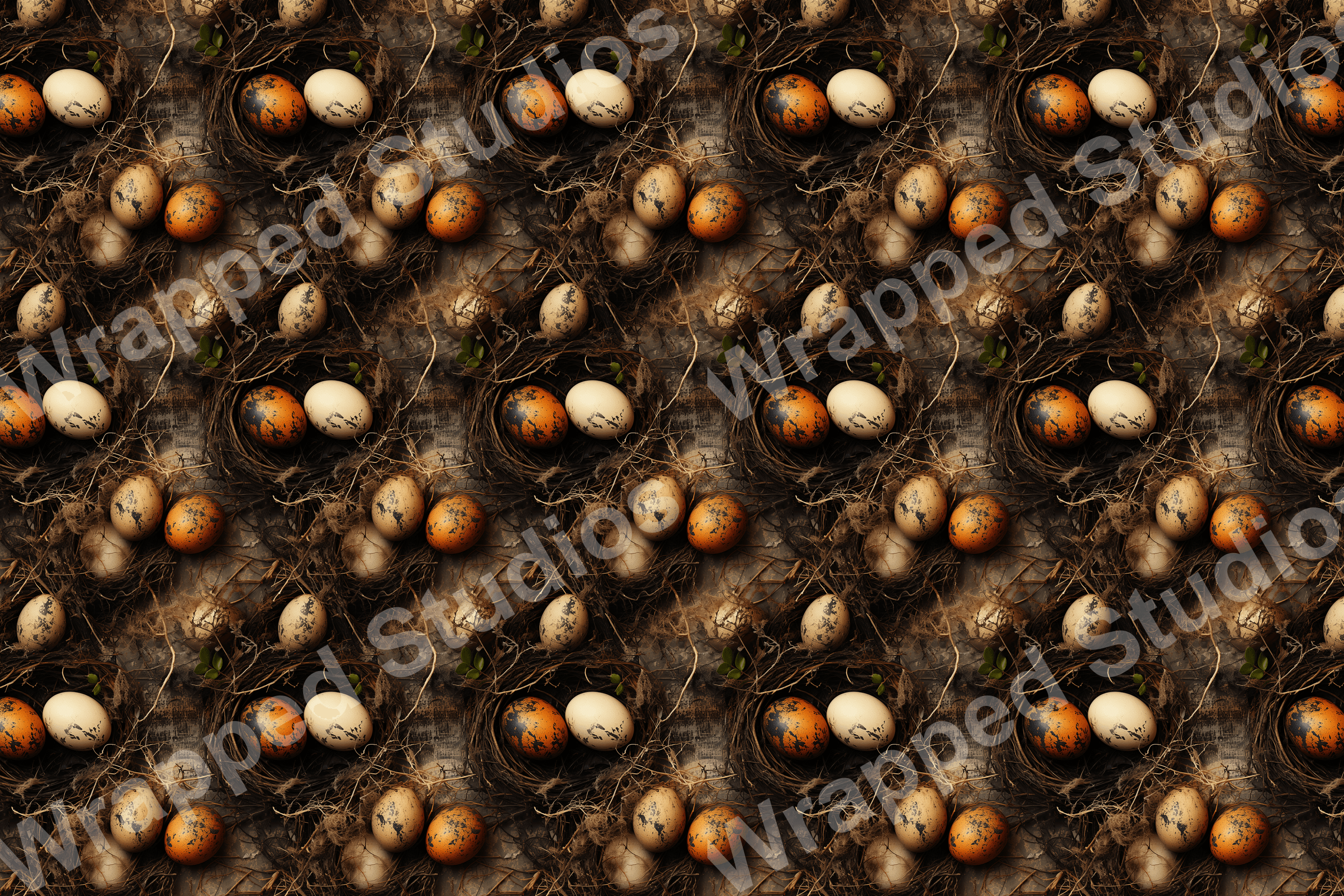 Earthy rustic bird nest pattern with speckled brown, orange, and white eggs.