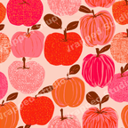 Seamless retro apple pattern featuring hand-drawn textured fruits in shades of red, pink, and orange.